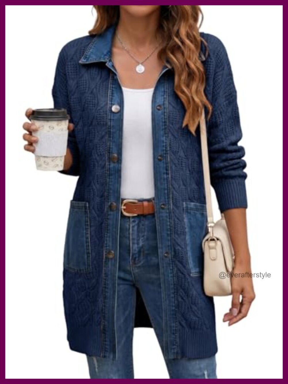 Cable Knit Chunky Button Down Denim Patchwork Cardigan Sweater Women
